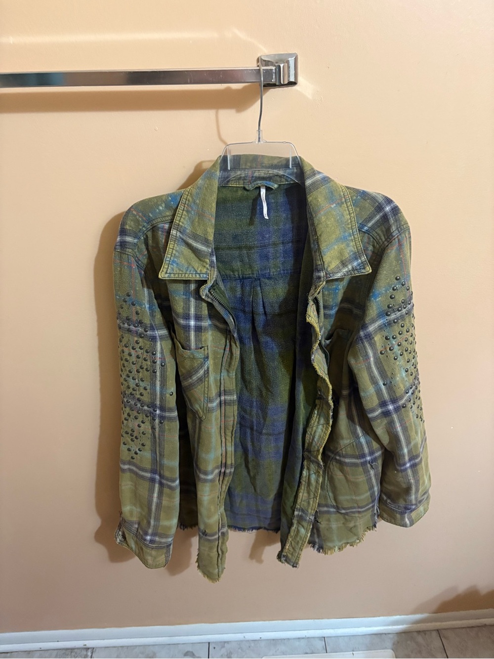 Free People Green Plaid Distressed Ripped Studded Zip-Up Jacket - Picture 4 of 9